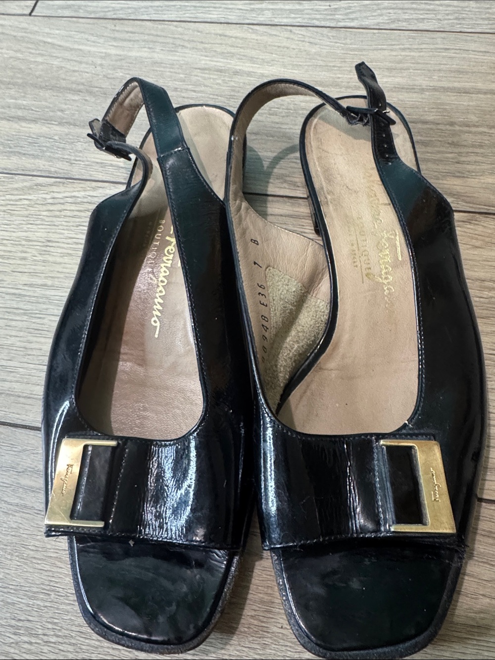 Ferragamo Black Patent Slingback Heels with Gold Accent
